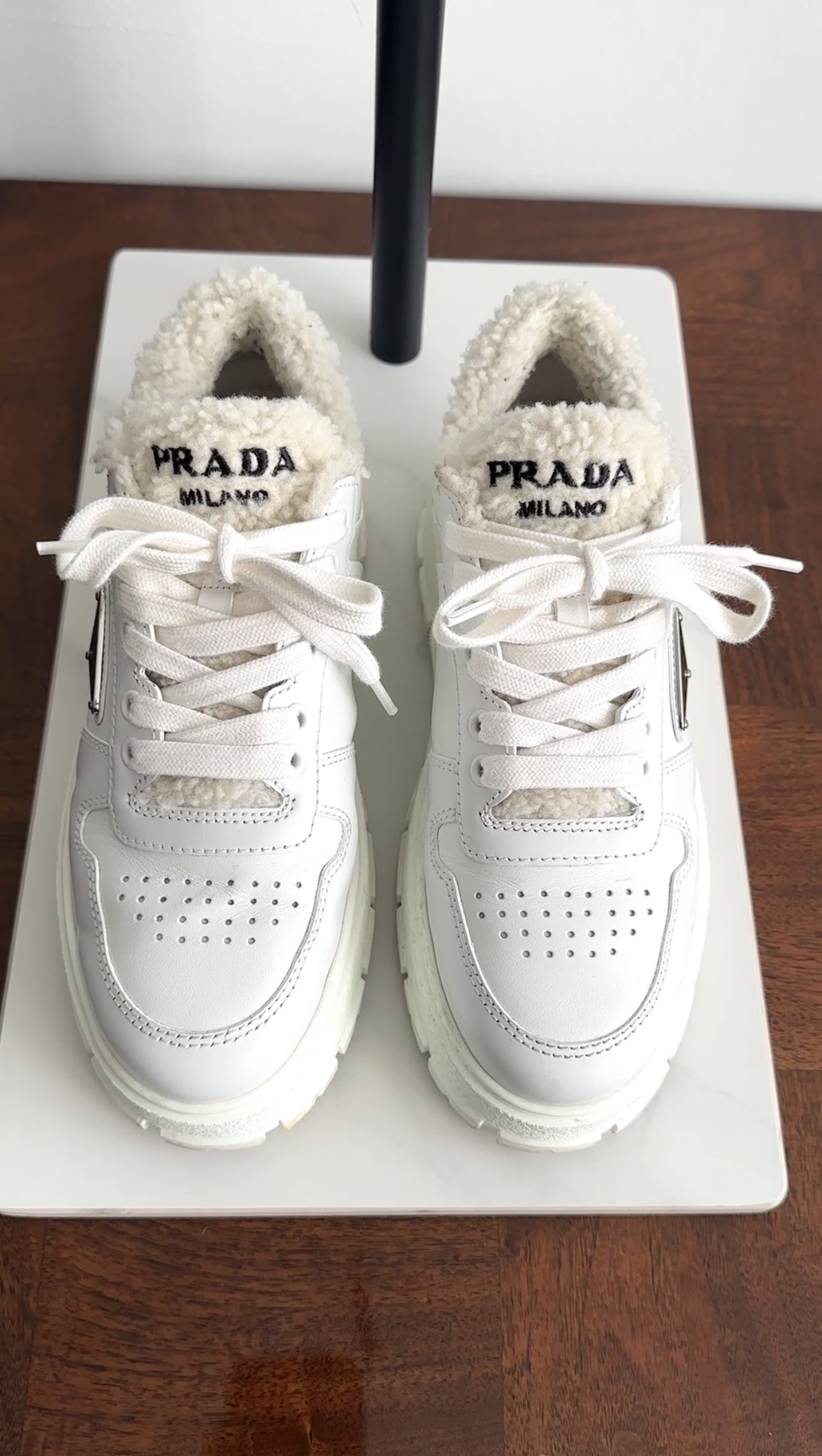 Prada White Leather Shearling Sneakers - 37