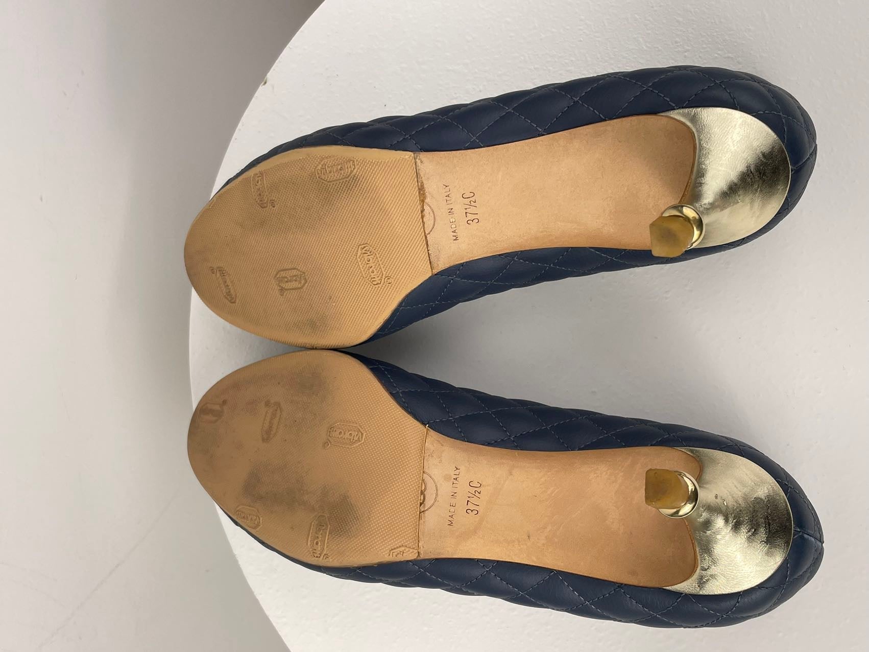 Chanel Navy Black Calfskin Quilted Cap Toe Camellia Pumps 37.5 with Cc Logo