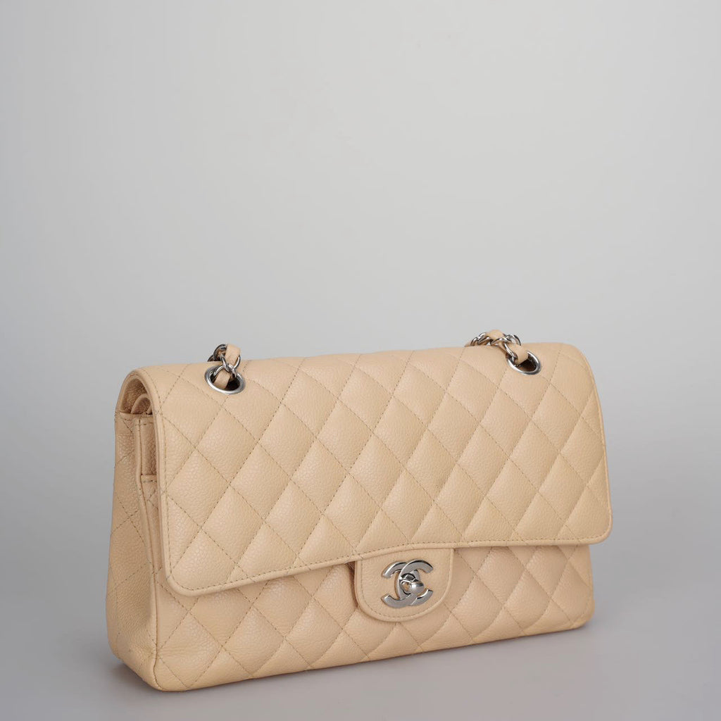 Chanel Beige Classic Double Flap Bag Medium in Quilted Caviar Leather with Silver Hardware
