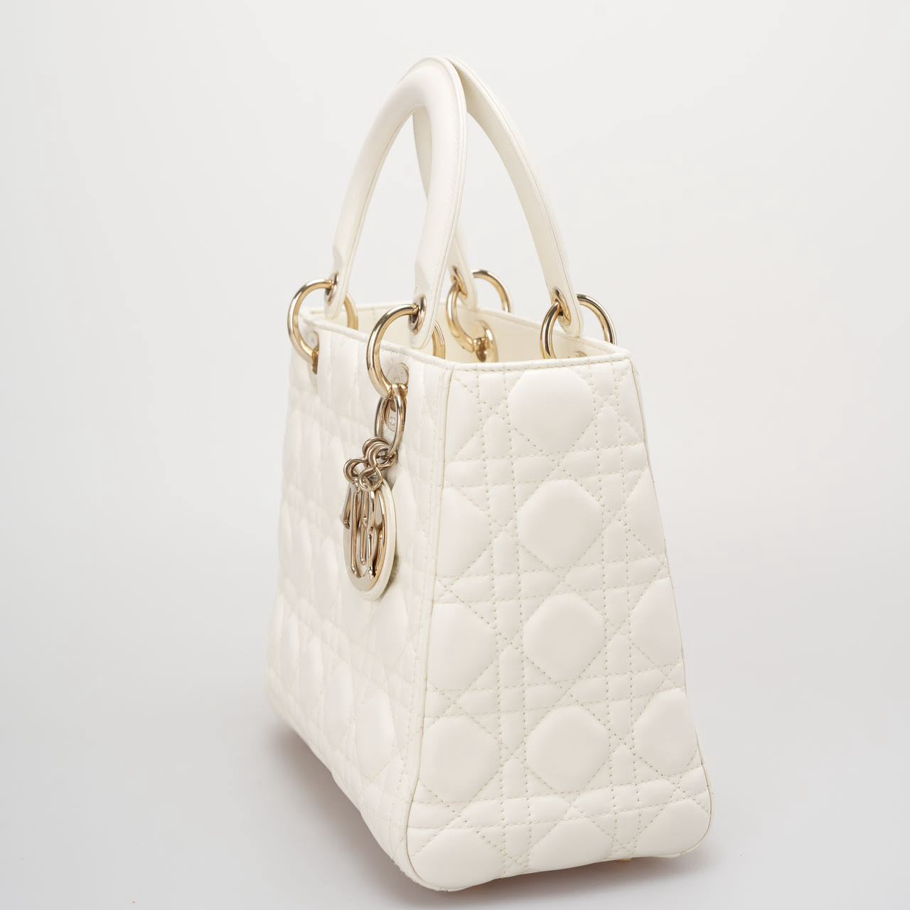 Christian Dior White Medium Lady Dior Bag in Cannage Lambskin Leather with Gold Hardware