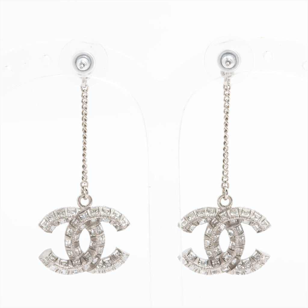 Chanel Coco Logo Silver Double sided Rhinestone Drop Earrings Costume Jewellery