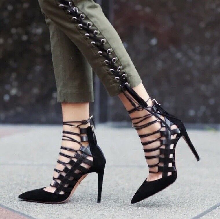 AQUAZZURA AMAZON LACE-UP SUEDE LEATHER TIE UP PUMPS