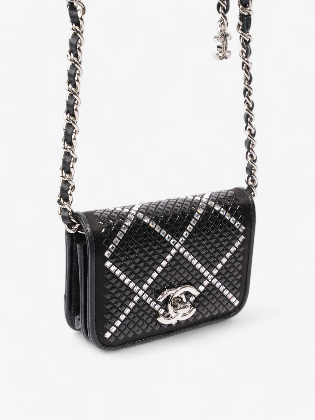 Chanel CC Flap  Holder on Chain Embellished Black / White Leather Mini