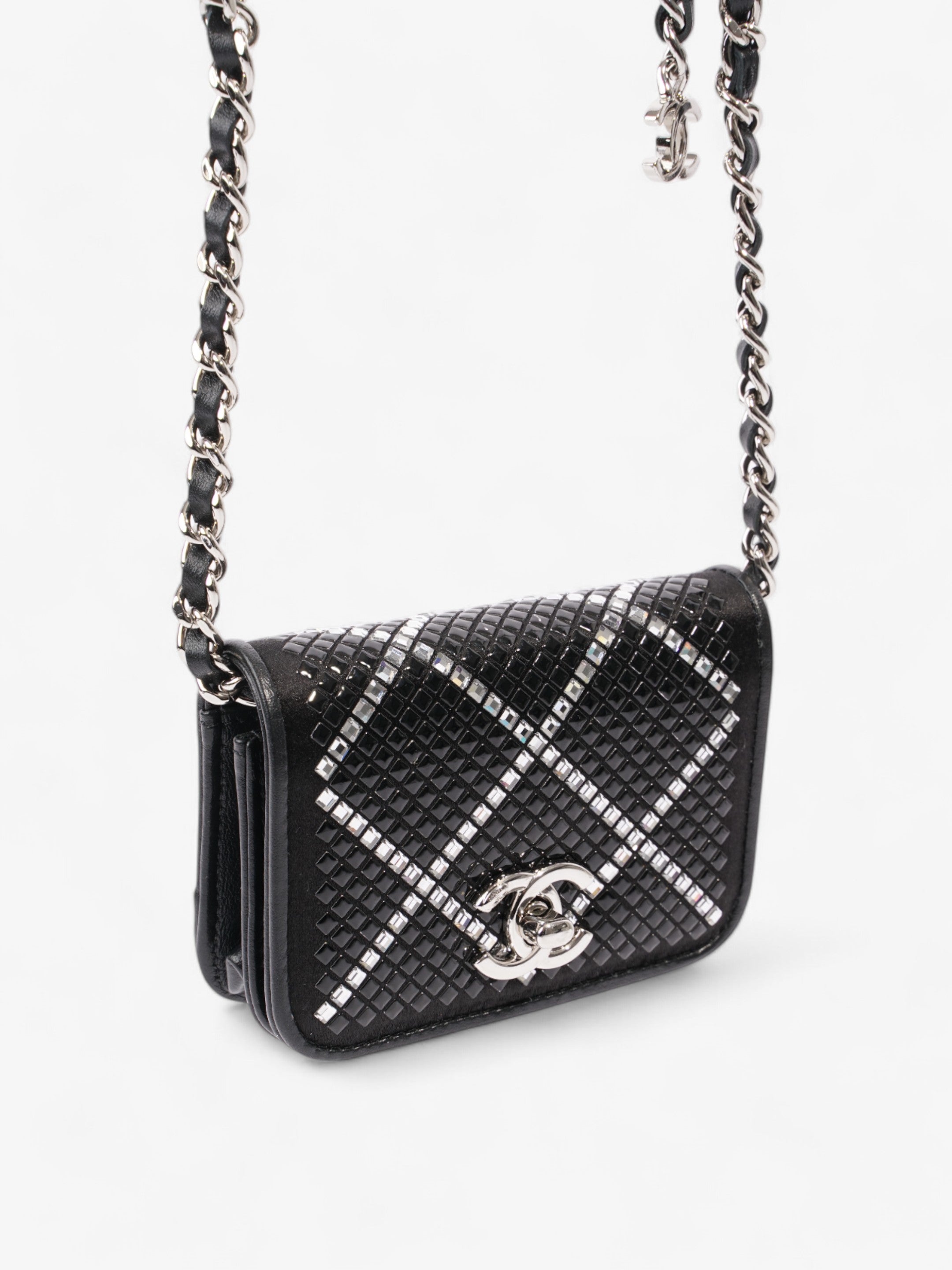 Chanel CC Flap  Holder on Chain Embellished Black / White Leather Mini