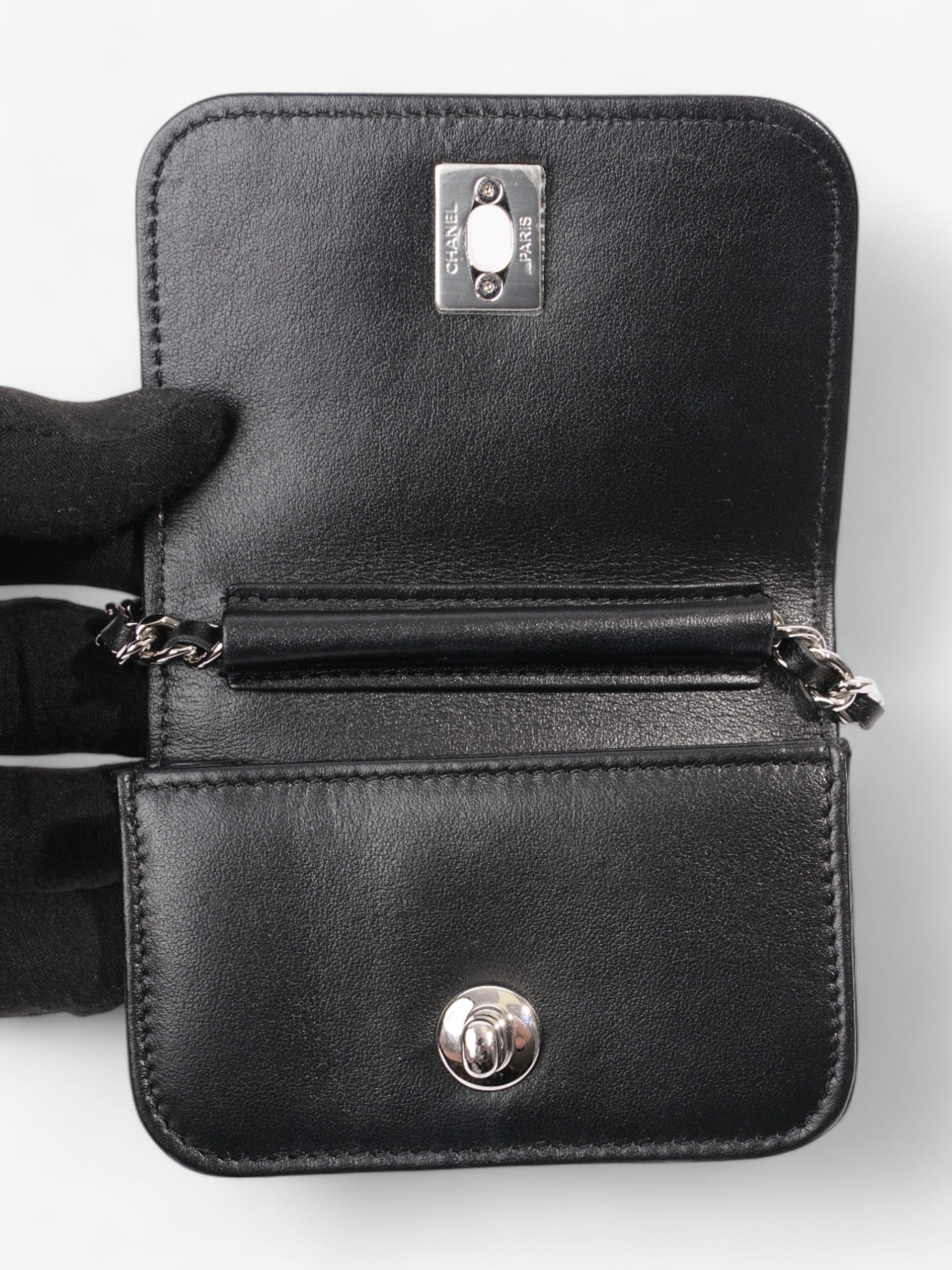 Chanel CC Flap  Holder on Chain Embellished Black / White Leather Mini