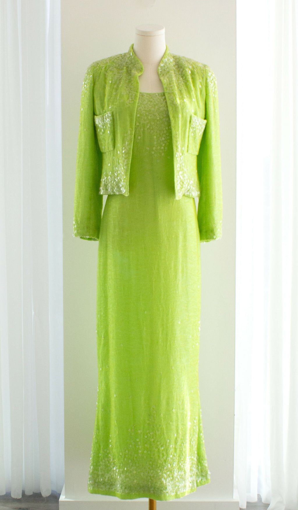 Chanel Vintage S/S1997 Green Sequin Embellished Velvet Dress Gown Jacket 97P Set