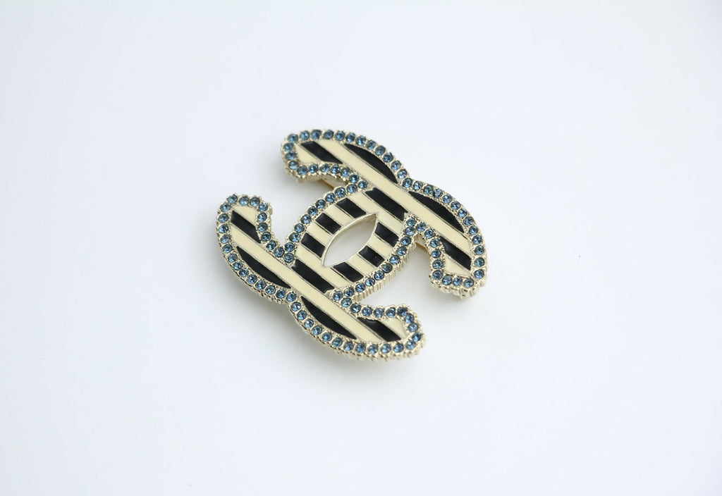 Chanel Vintage 06A Blue Rhinestone Beige Black Stripe Brooch