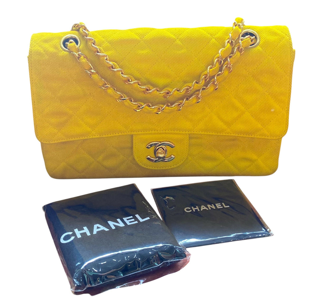 Vintage Chanel 90’s Yellow Denim Medium Classic Flap Bag 24K Gold Hardware
