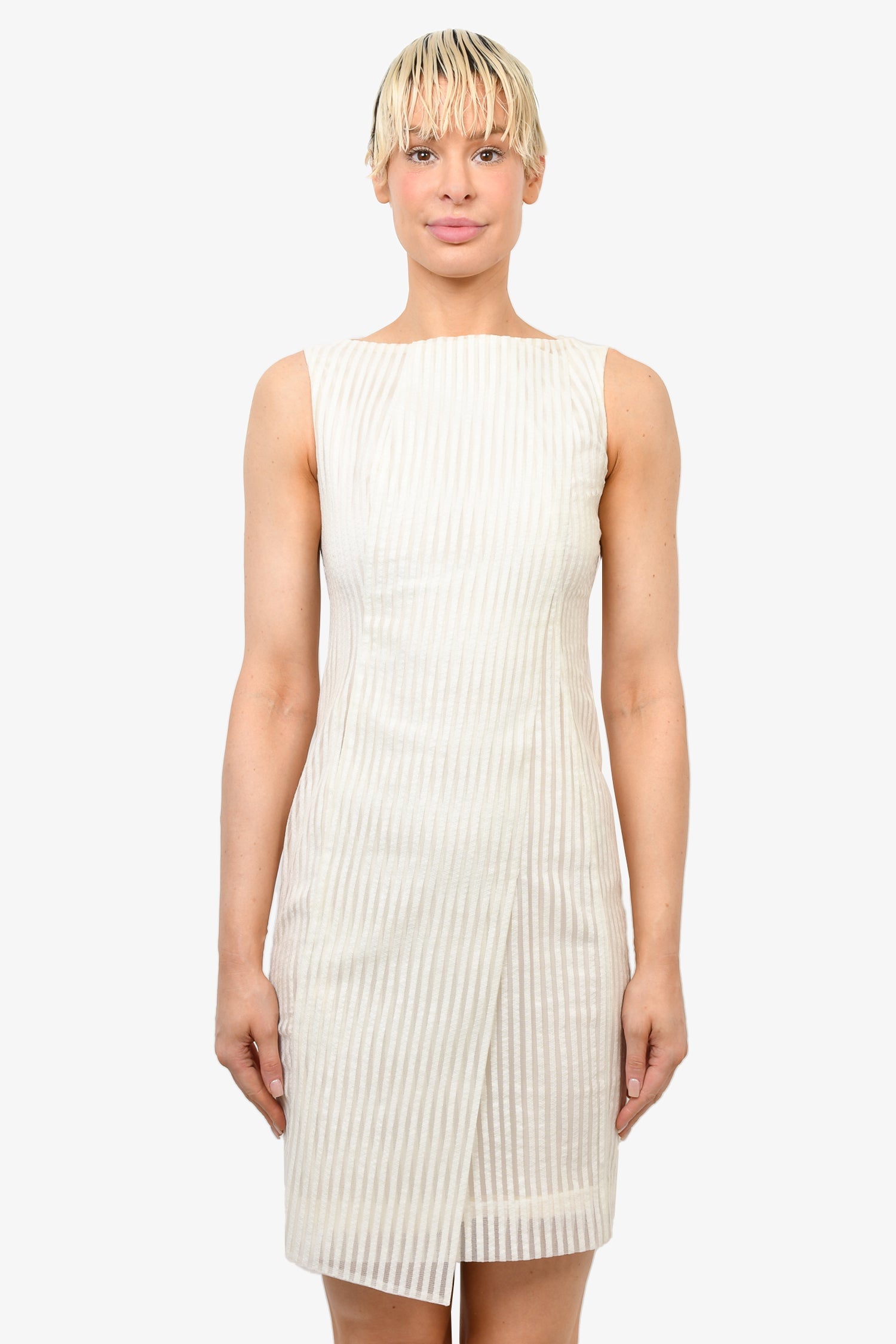 Akris Cream Vertical Striped Sleeveless Dress Est. Size 6