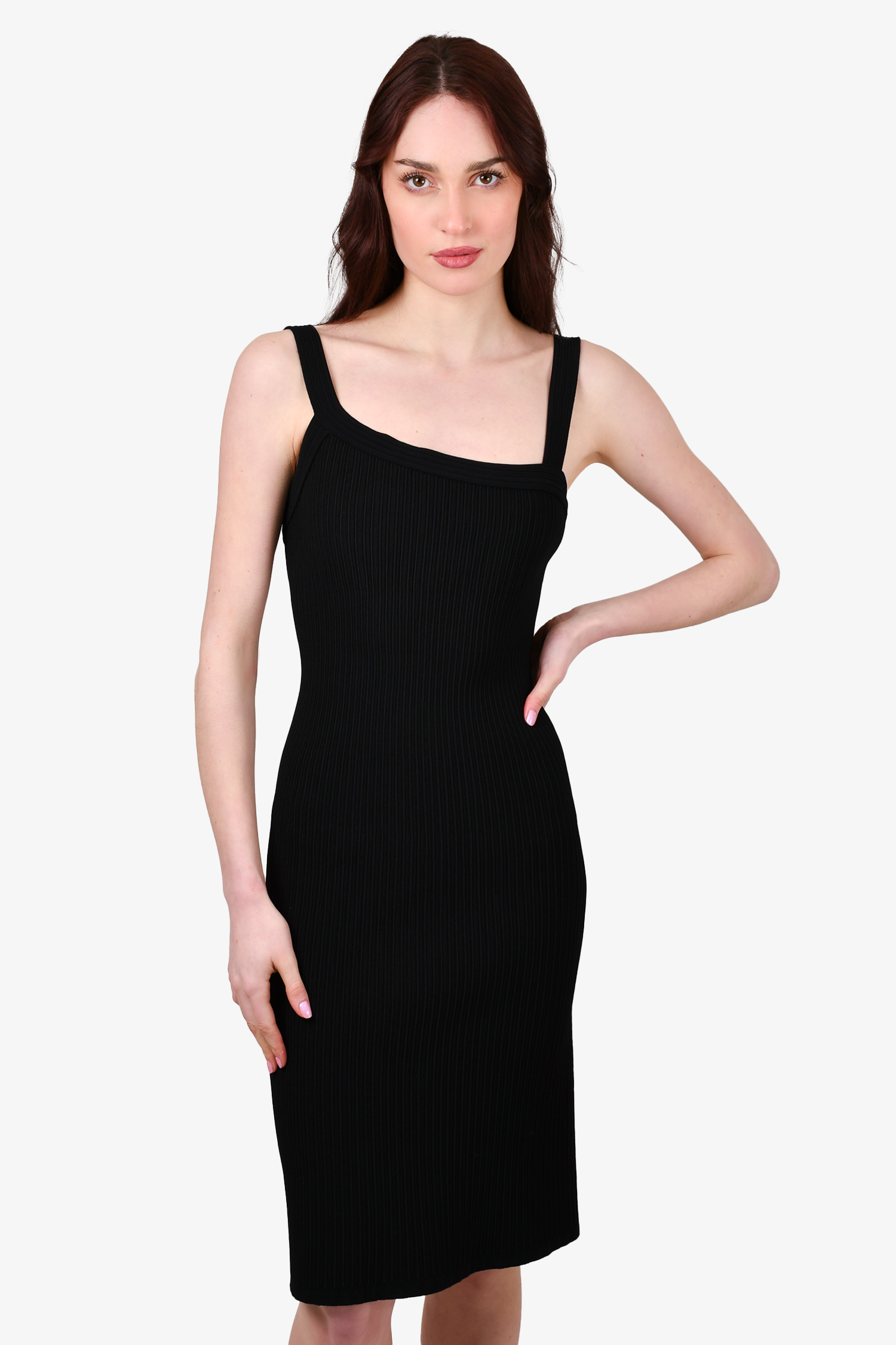 Alaïa Black Ribbed Sleeveless Asymmetrical Neckline Midi Dress Size L