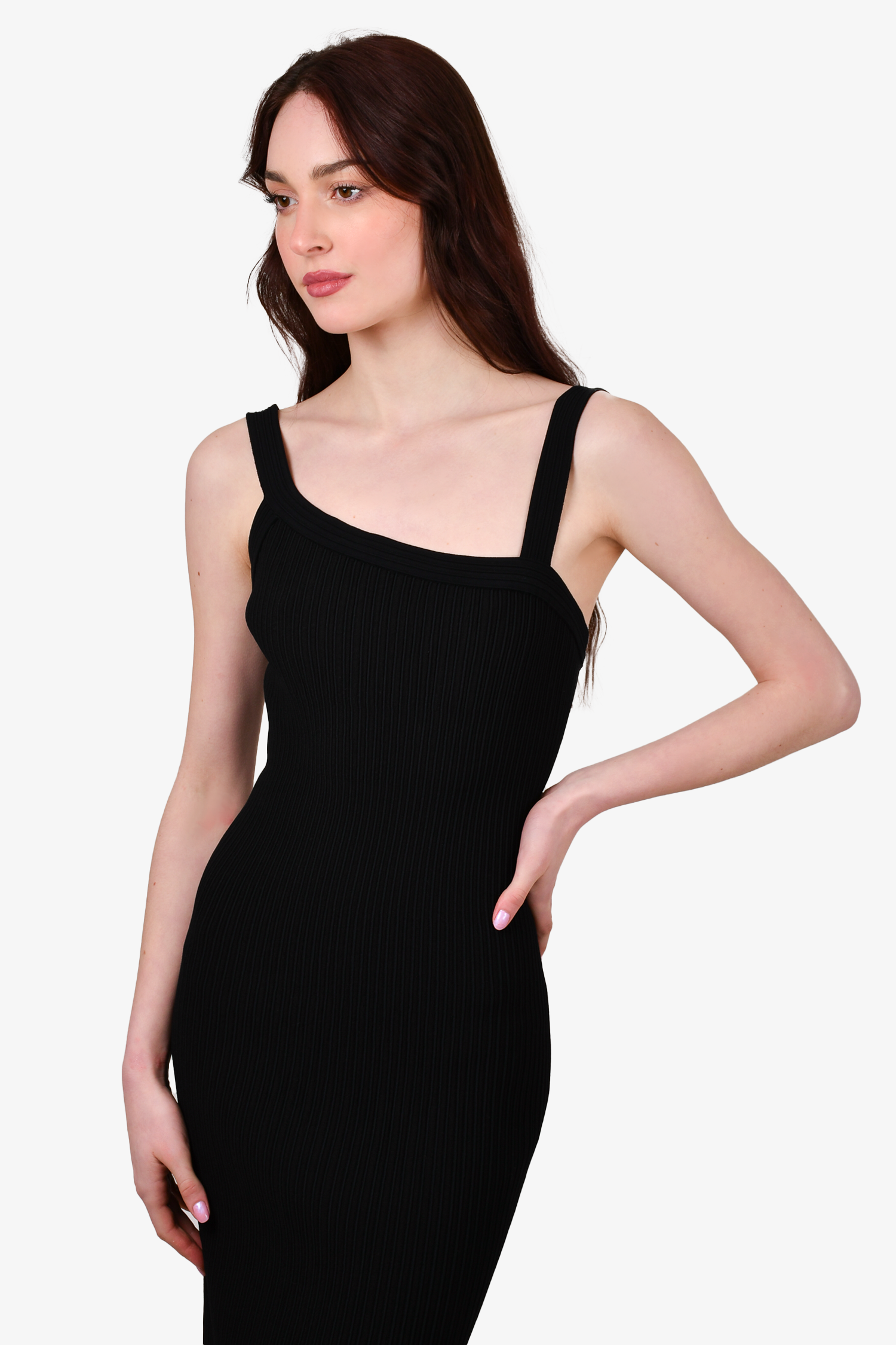 Alaïa Black Ribbed Sleeveless Asymmetrical Neckline Midi Dress Size L