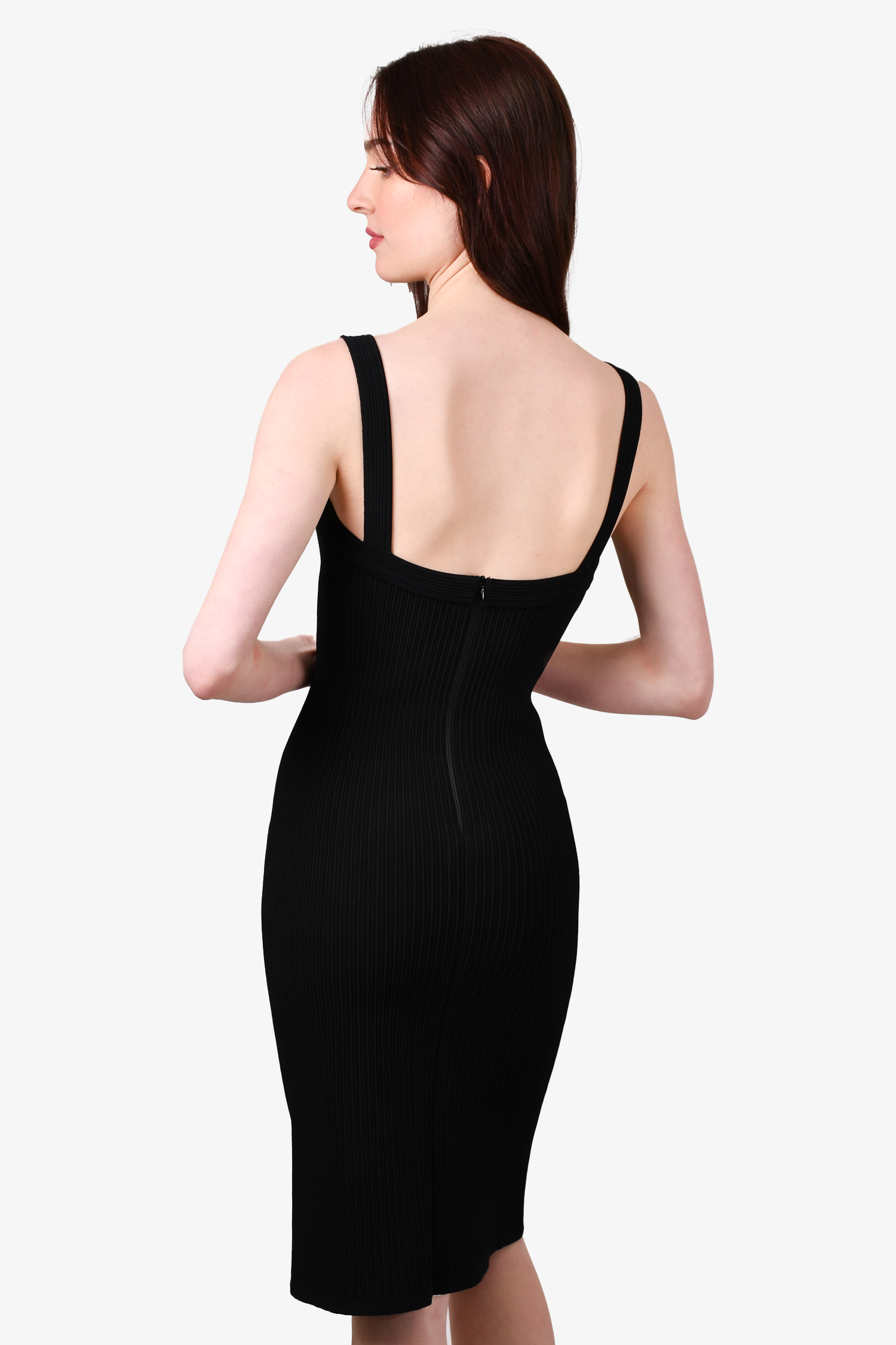 Alaïa Black Ribbed Sleeveless Asymmetrical Neckline Midi Dress Size L