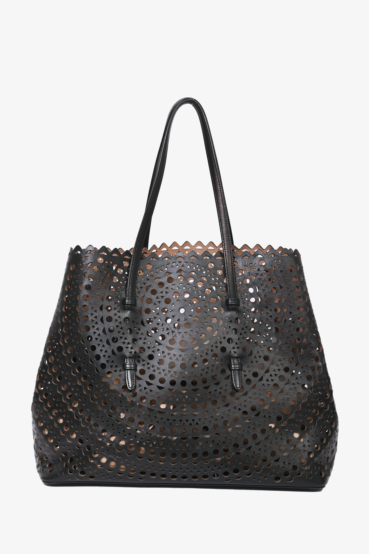 Alaïa Paris Black Leather Laser Cut Tote with Pouch