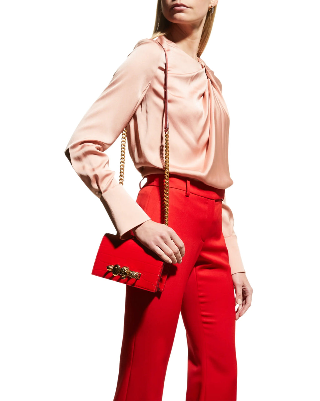 ALEXANDER MCQUEEN SMALL CROC EMBOSSED JEWELLED SATCHEL