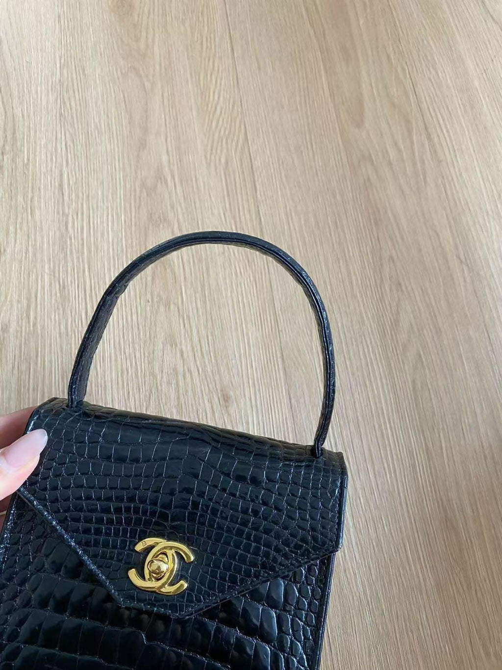 Chanel Vintage Black Crocodile Top Handle Kelly Bag