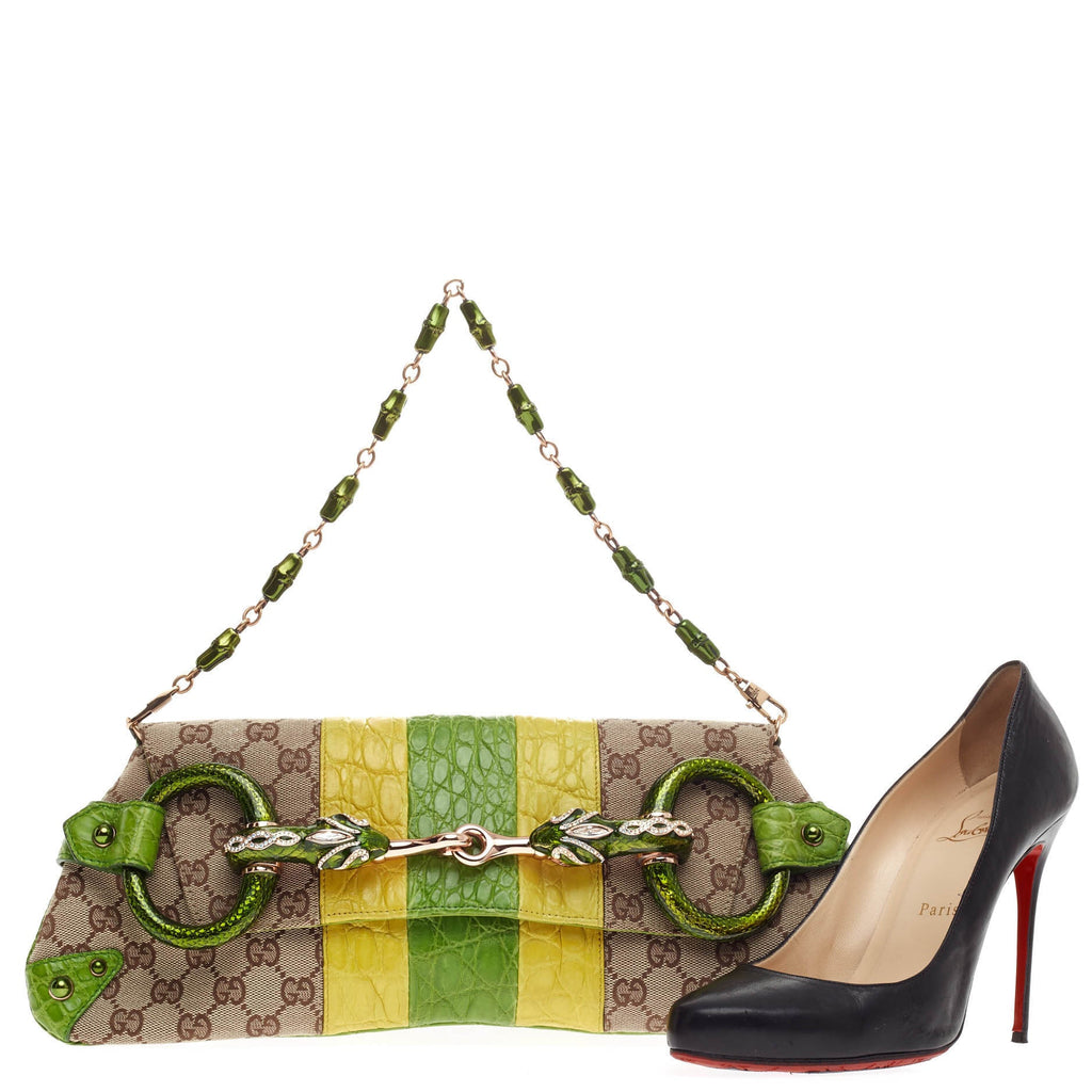 Jeweled Snake Head Horsebit Chain Strap Clutch GG Canvas and Alligator