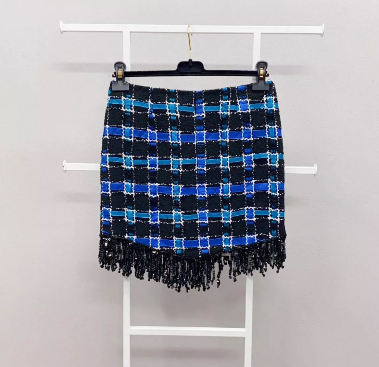 Chanel 22C Black, Blue, Turquoise & white Embroidered Tweed Skirt