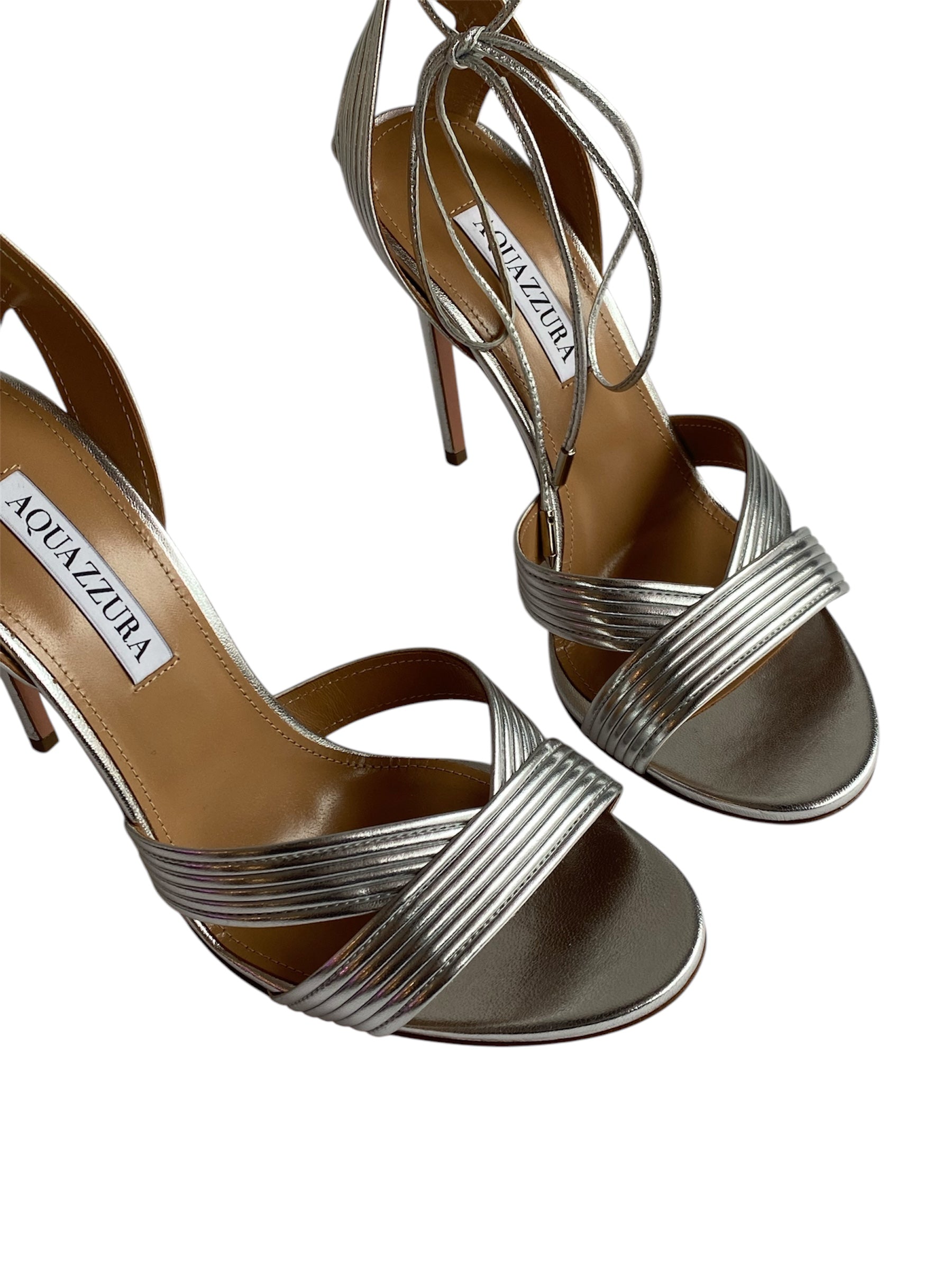 Aquazzura Silver Ankle Wrap Ari Sandals - 38.5