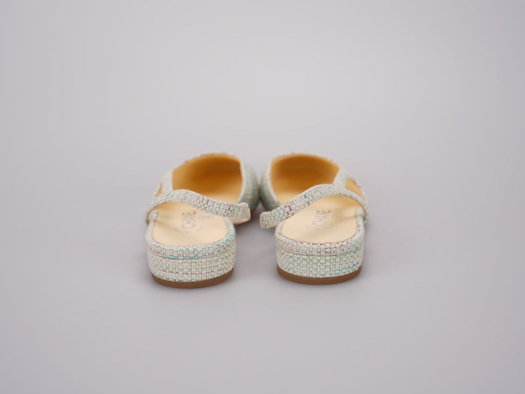 Chanel Light Green Tweed Slingback Patent Cap Toe Ballerinas 36