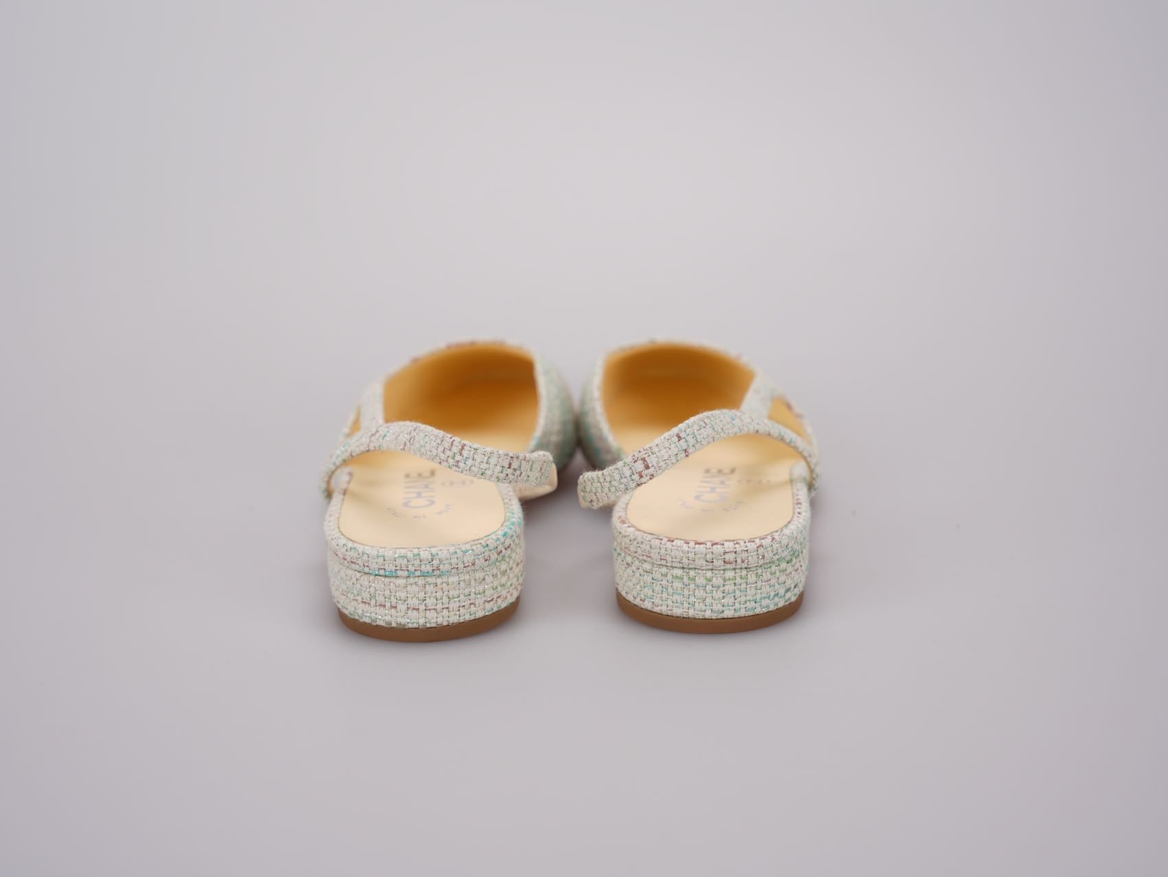 Chanel Light Green Tweed Slingback Patent Cap Toe Ballerinas 36