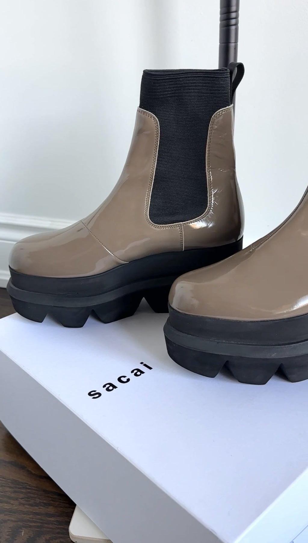Sacai Taupe Grey Patent Leather Platform Ankle Boots - 7