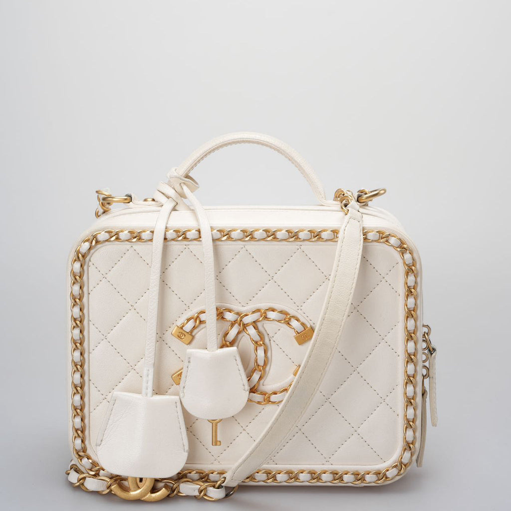 Chanel White Vanity Case Bag In Quilted Leather CC Filigree Chain Around