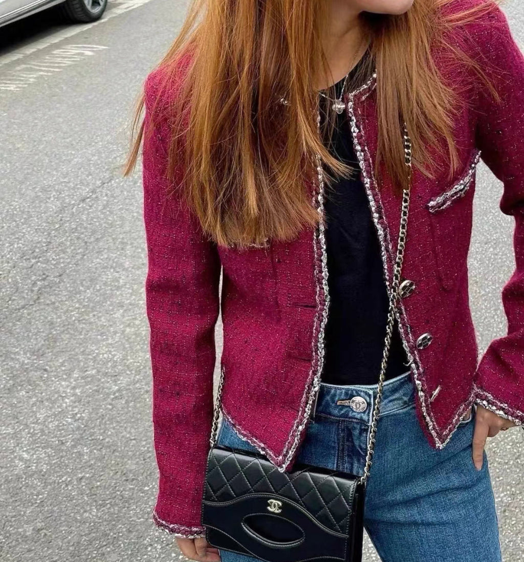 Chanel 22A Burgundy, Black & White Tweed Jacket size 36
