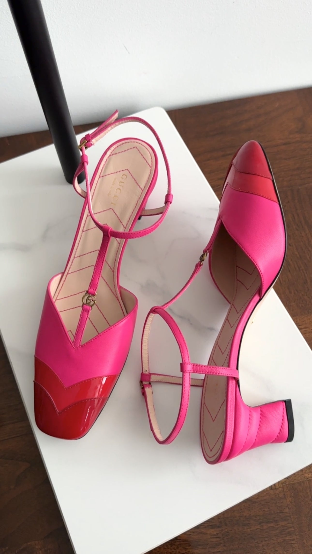 Gucci Pink and RedRed GG Logo T-Strap Heels - 40