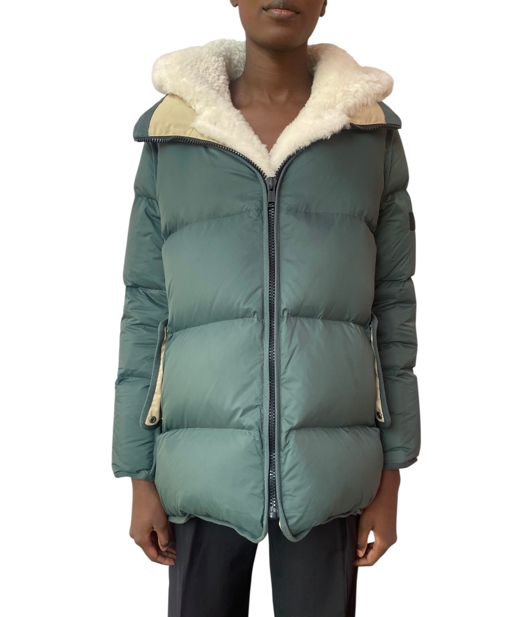 Yves Salomon Army Green & Beige Shearling Down Puffer Coat - 38 / US 6