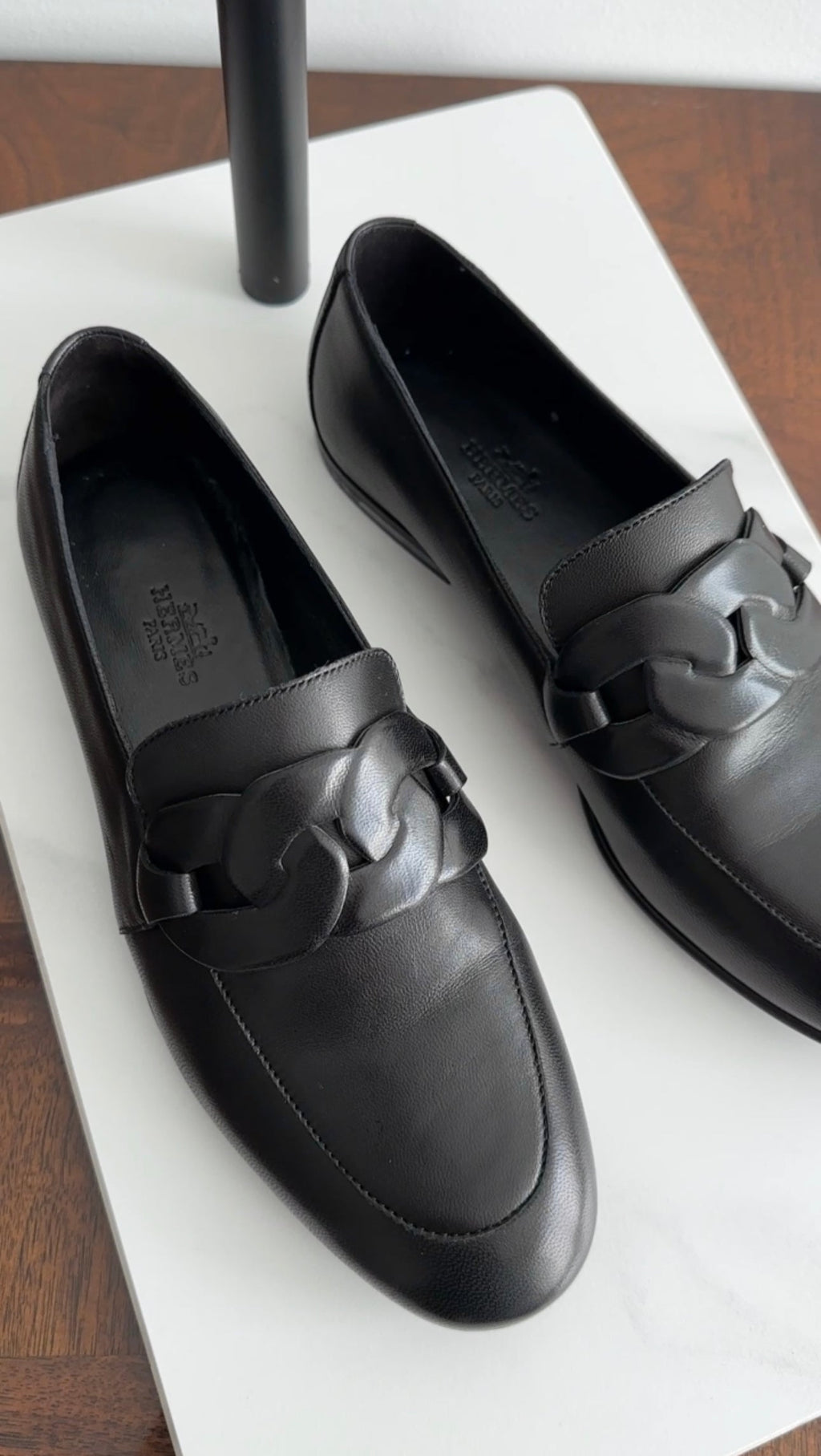 Hermes Black Lambskin Leather Loafer with Padded Chain - 37