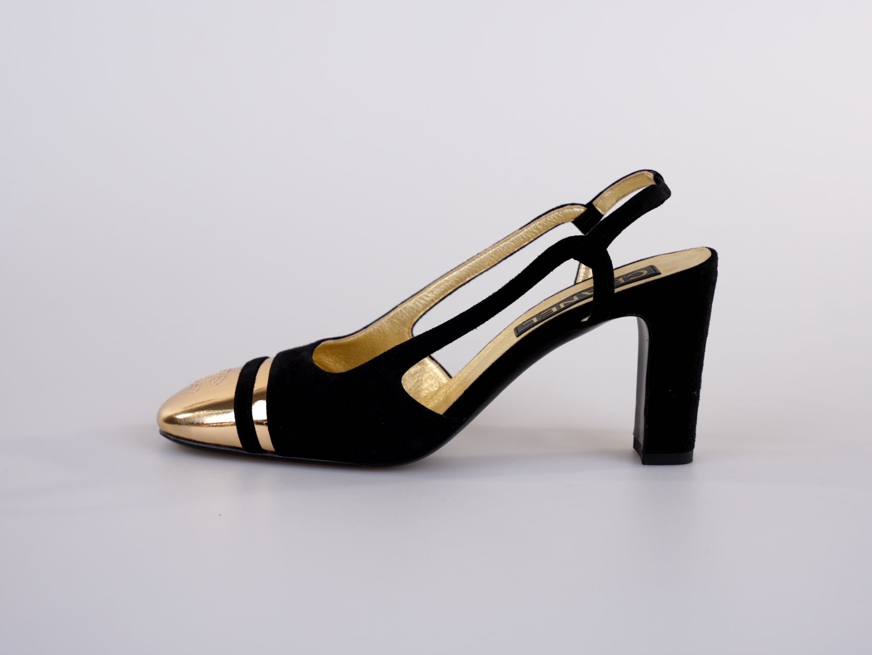 Chanel CC Slingback Heels Black Gold Size 37.5 EU