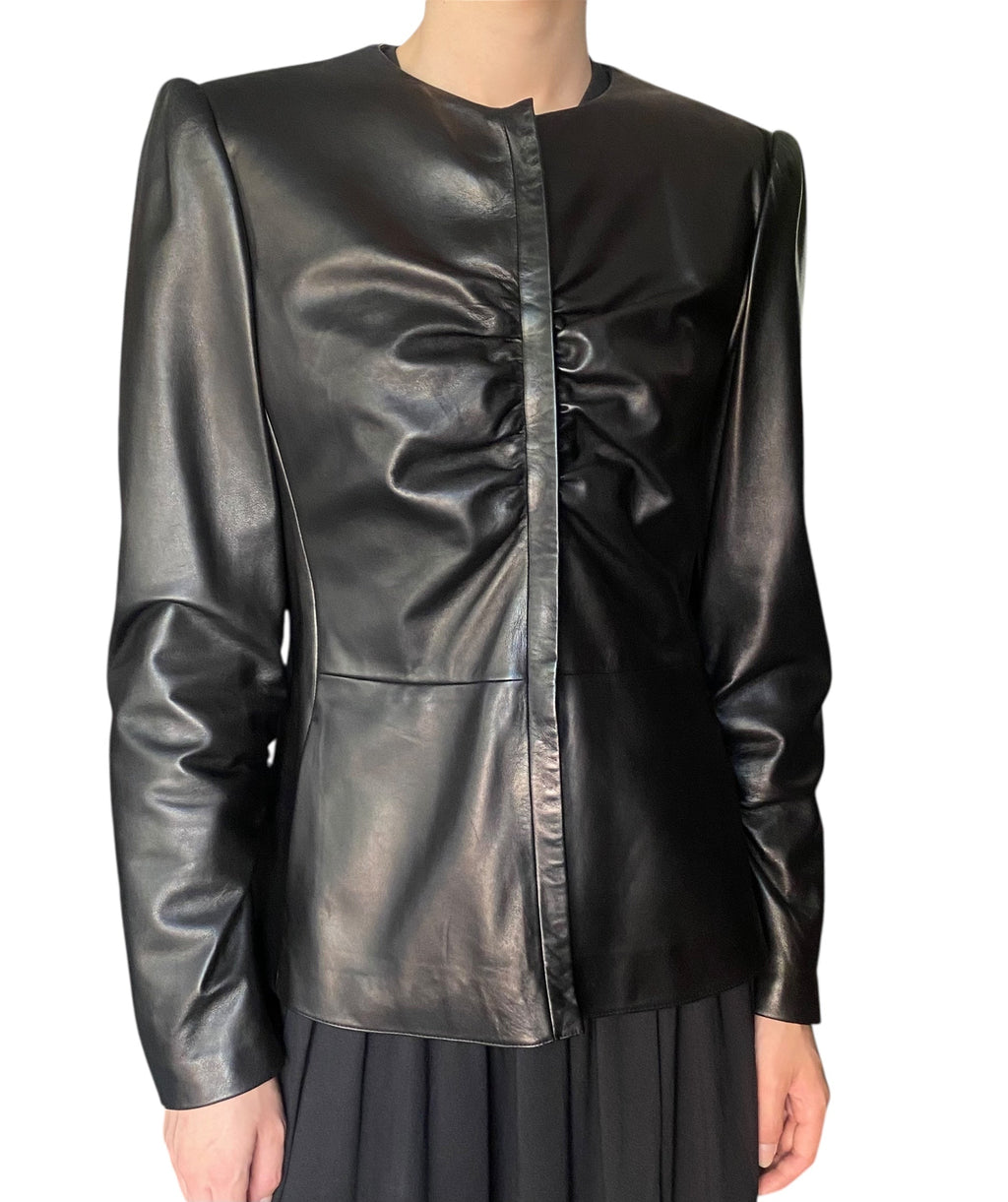 Armani Black Rouched Leather Jacket - US 12