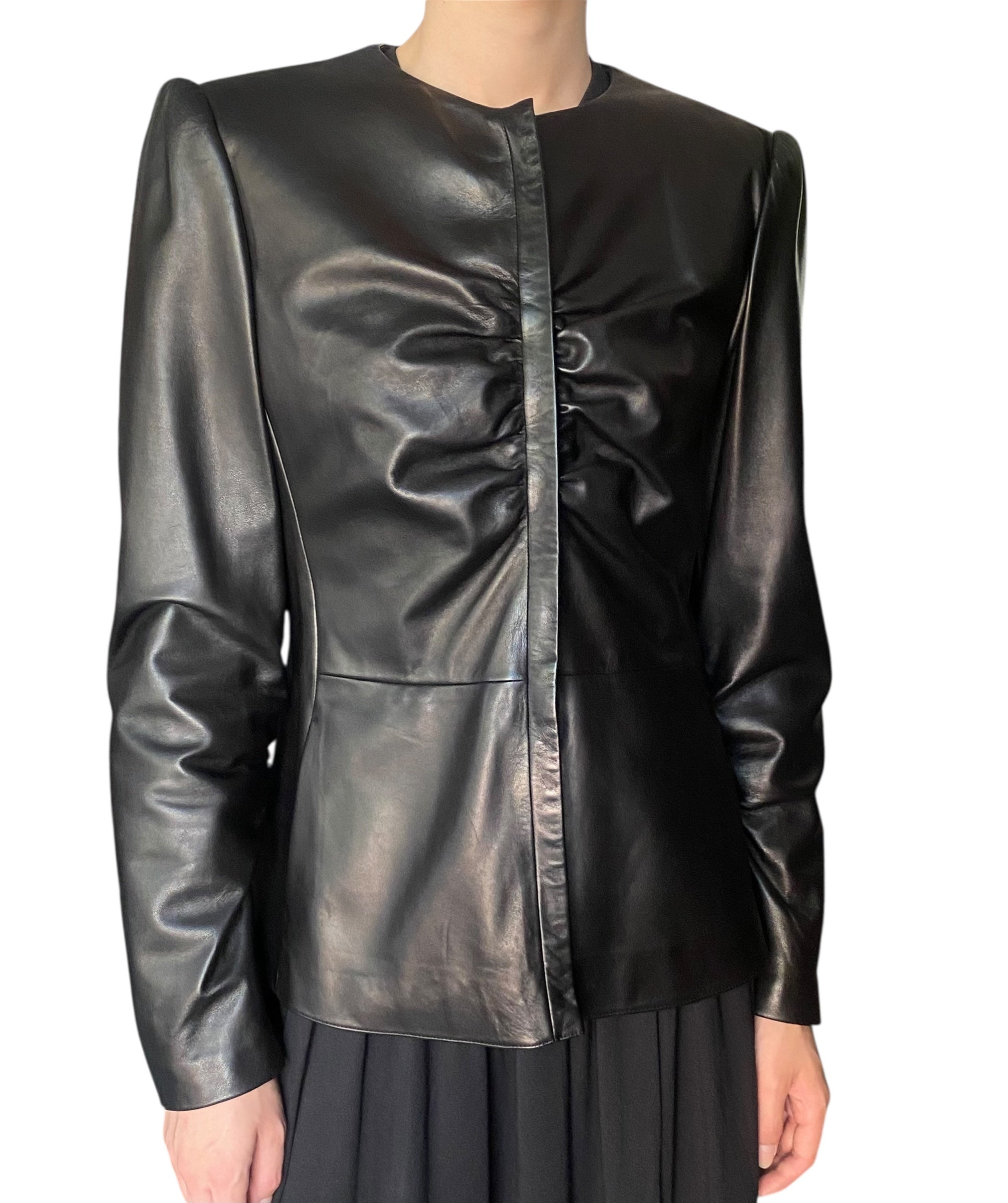 Armani Black Rouched Leather Jacket - US 12