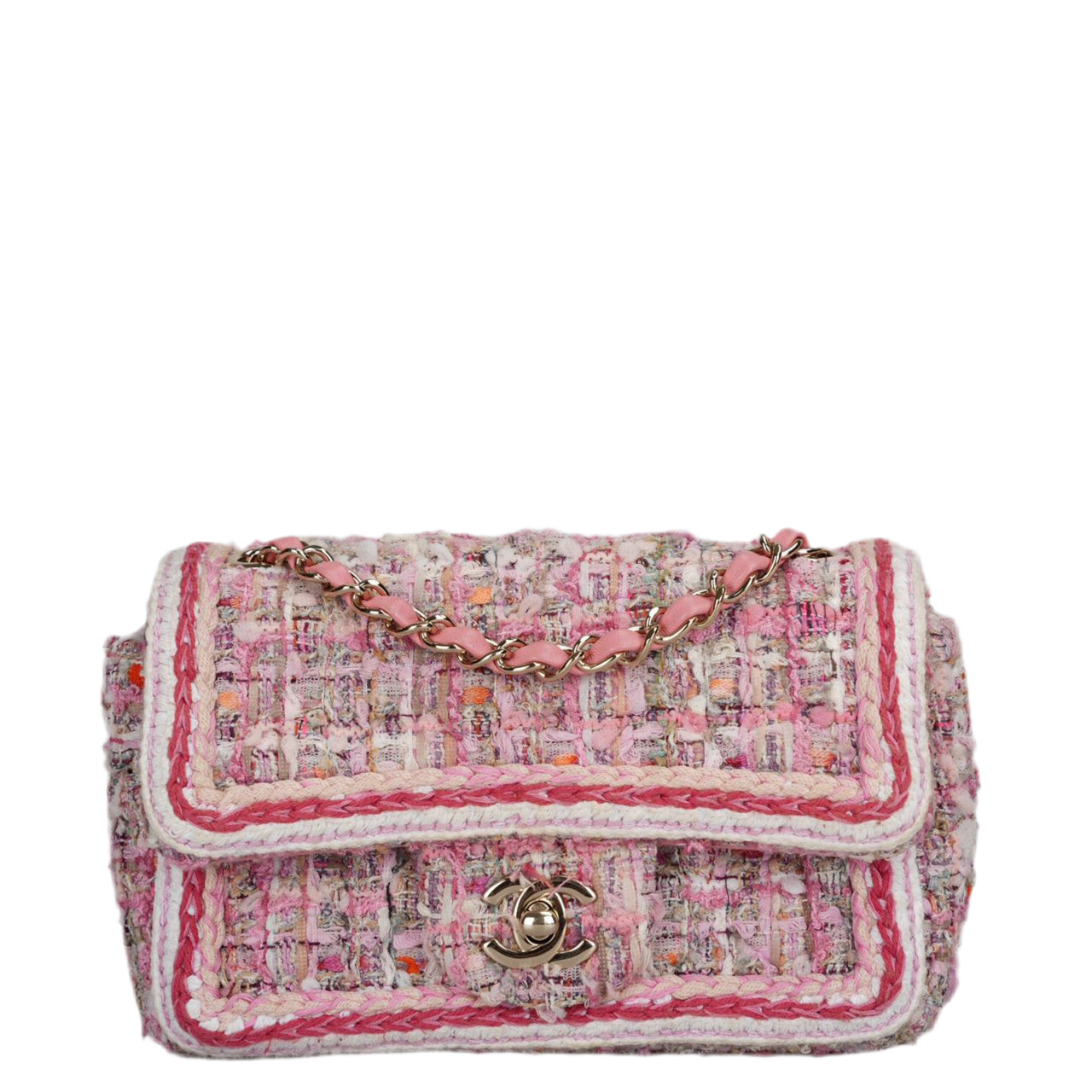 Chanel Tweed Classic Mini Flap Rectangle Bag in White and Pink with Gold Hardware
