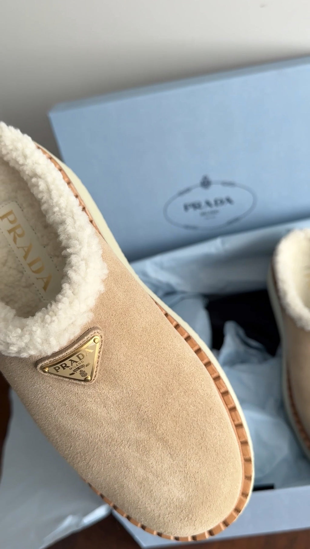 Prada Beige Suede Shearling Platform Mules - 37 / 7