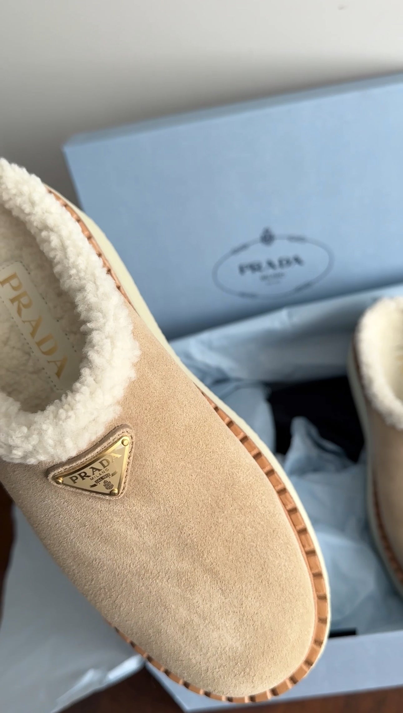 Prada Beige Suede Shearling Platform Mules - 37 / 7