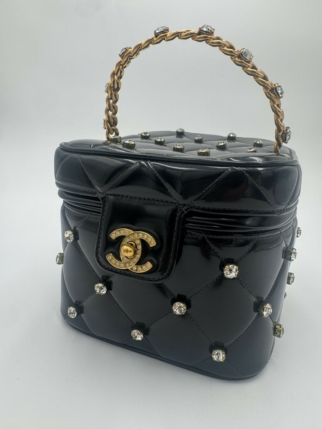 Chanel 1995 Vintage Barbie Black Rhinestone Heart-Mirror Vanity Case Bag