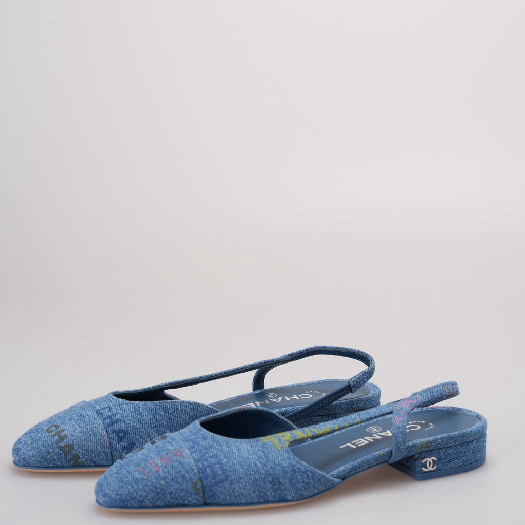 Chanel Denim Slingback Flats Cap Toe CC Light Blue Multicolor size 36.5