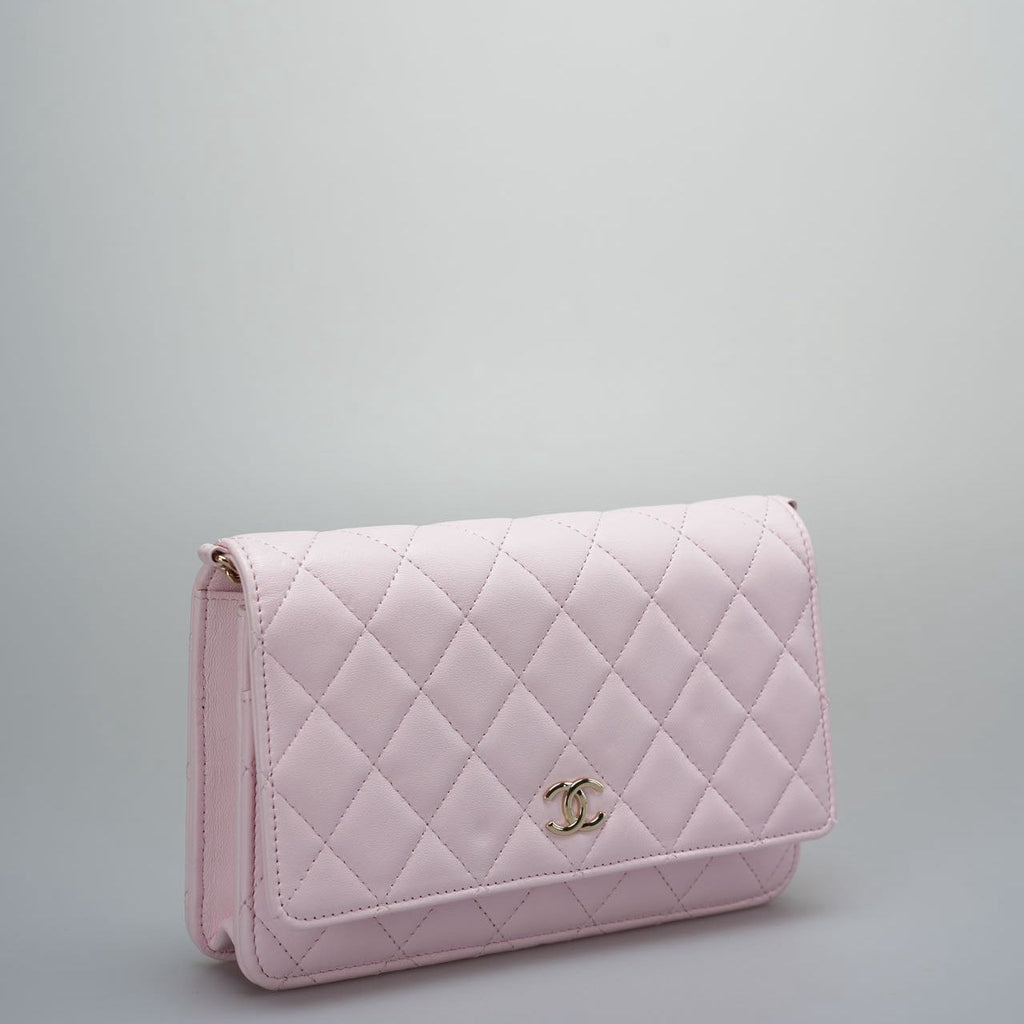 Chanel Baby Pink Wallet on Chain (WOC) in Quilted Lambskin with Pearl Chain – Gold Hardware
