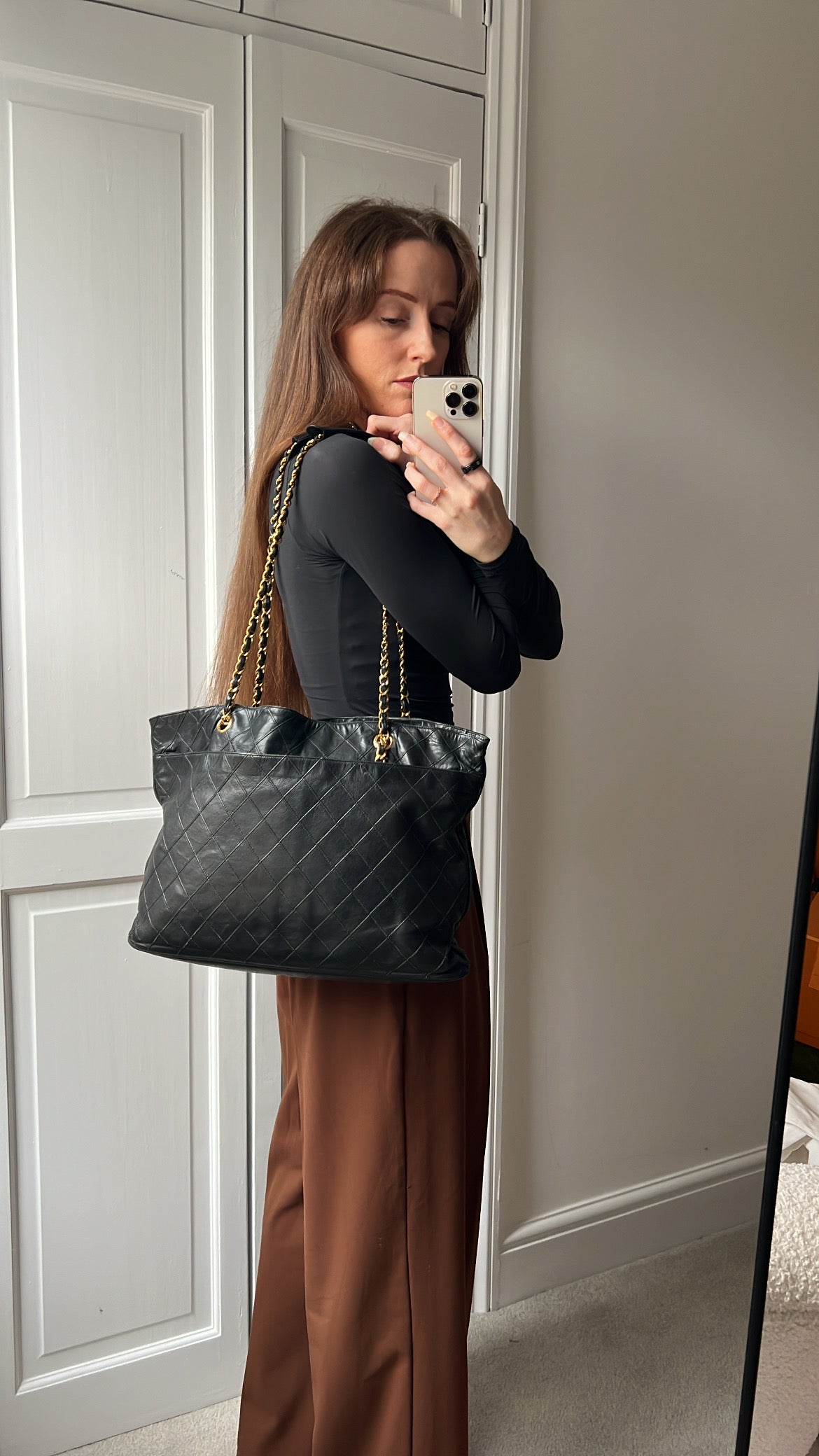 Chanel Vintage Black Lambskin Chain Tote with Gold Hardware
