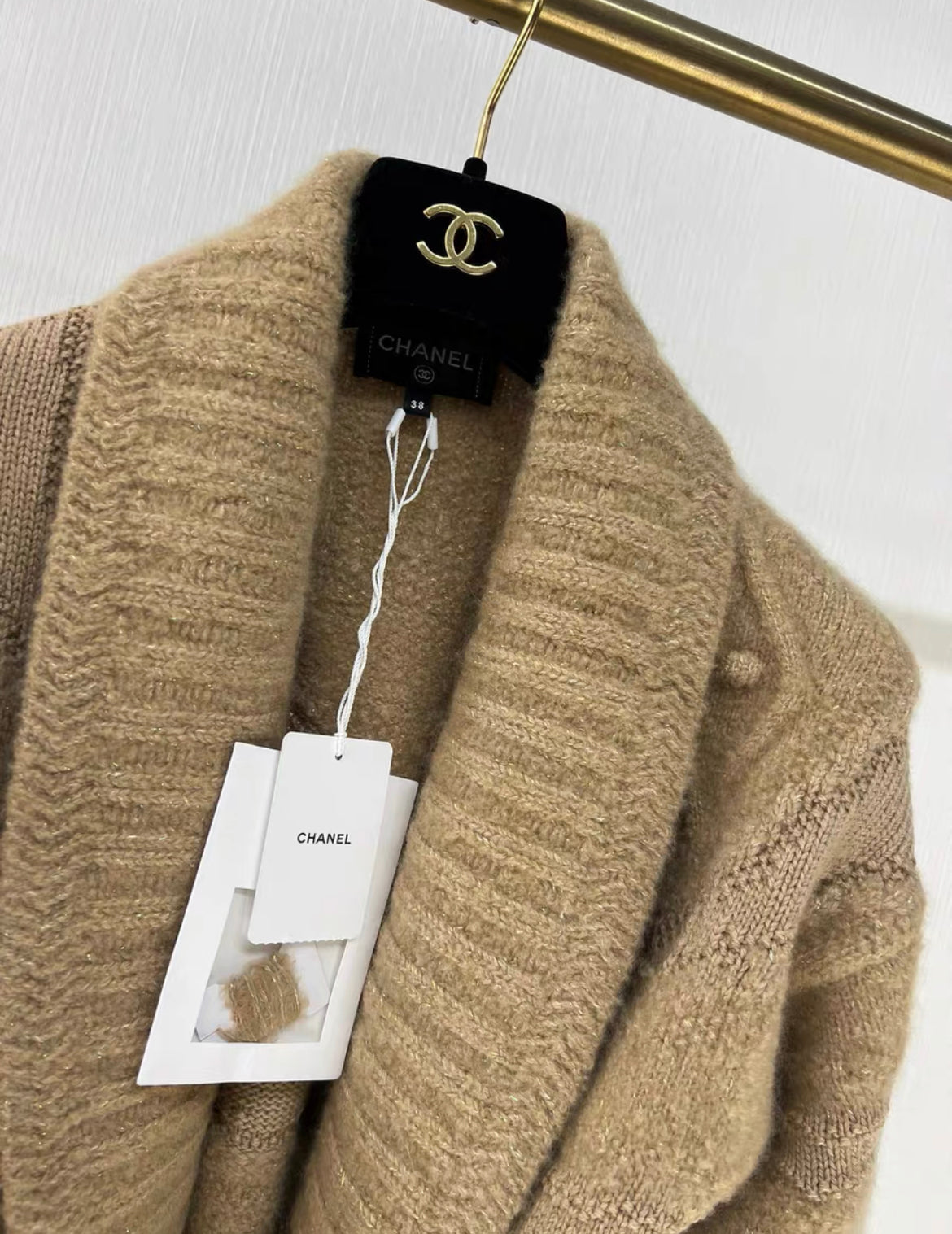 CHANEL 23N coco neige Beige Belted Shawl Collar igan Sweater size 38