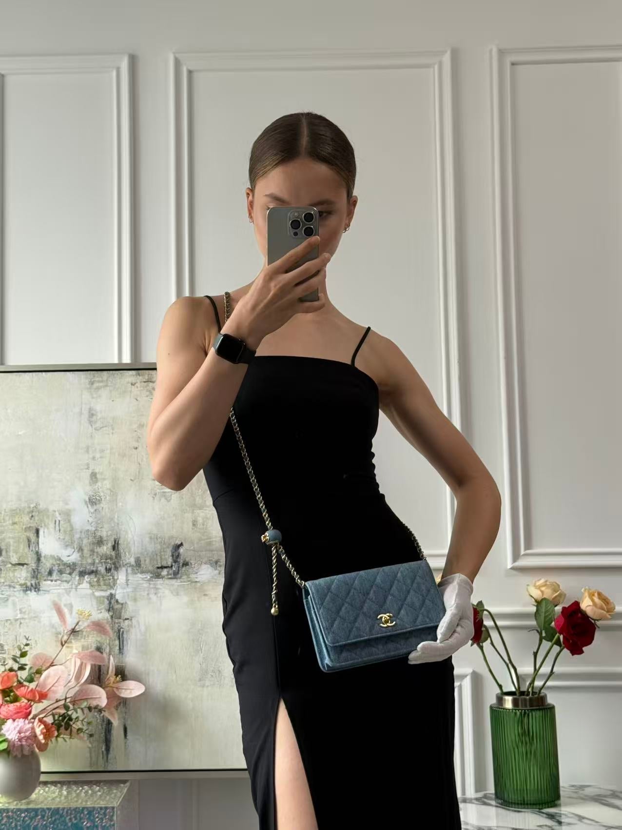 Chanel Denim Wallet On Chain (Woc) CC Pearl Crush Bag from 2022
