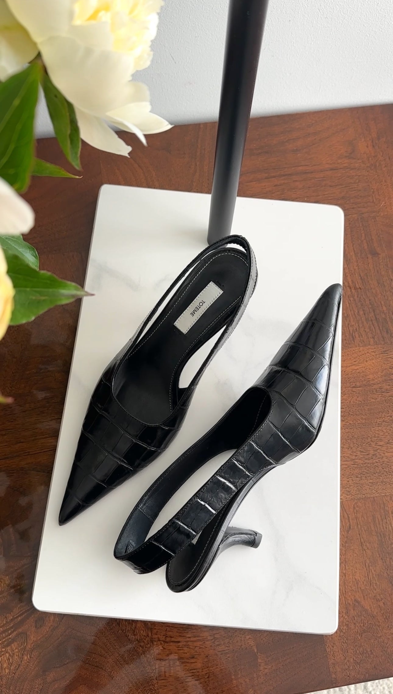 Toteme Black Croc Embossed Pointed Slingback Mules - 37