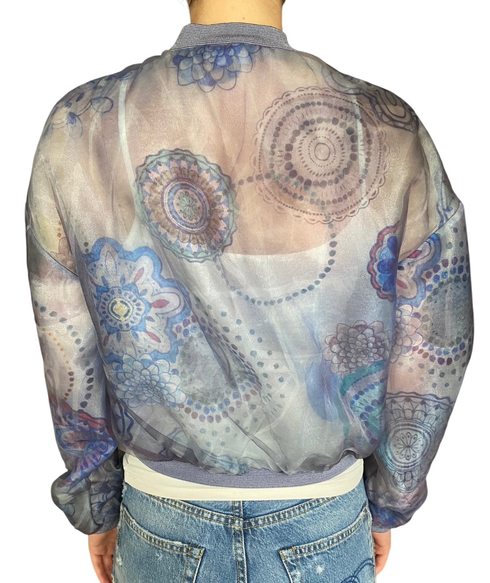 Giorgio Armani Blue Organza Printed Bomber - 42 / US 6
