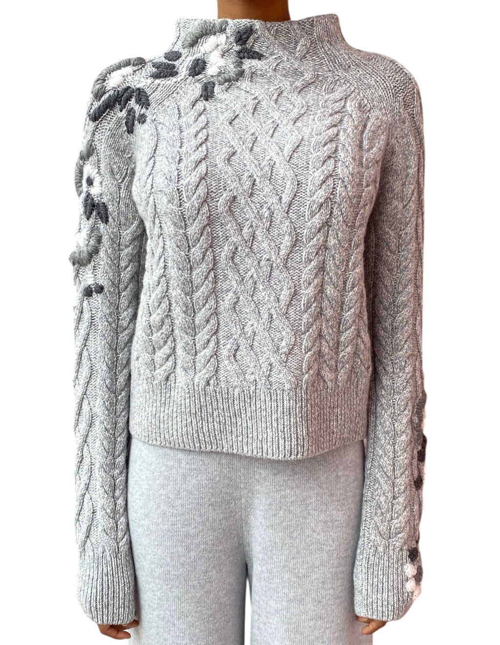 Ermanno Scervino Grey Cashmere Cable Floral Knit Sweater - US 6