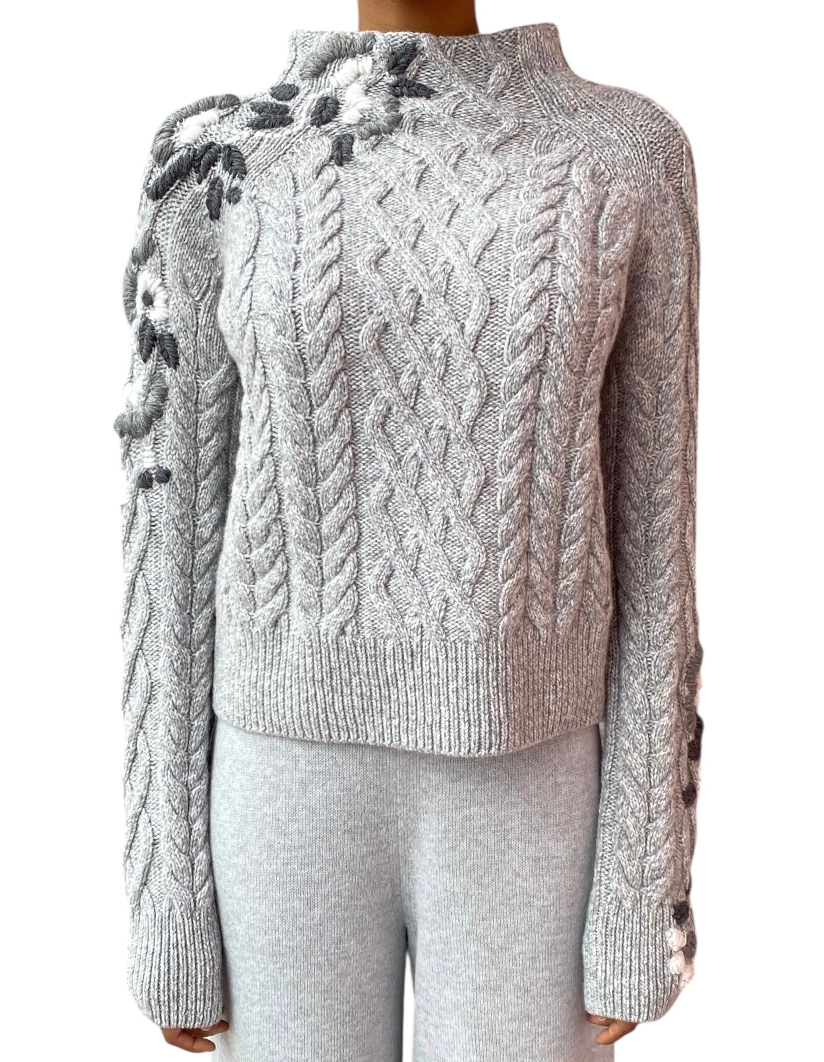 Ermanno Scervino Grey Cashmere Cable Floral Knit Sweater - US 6