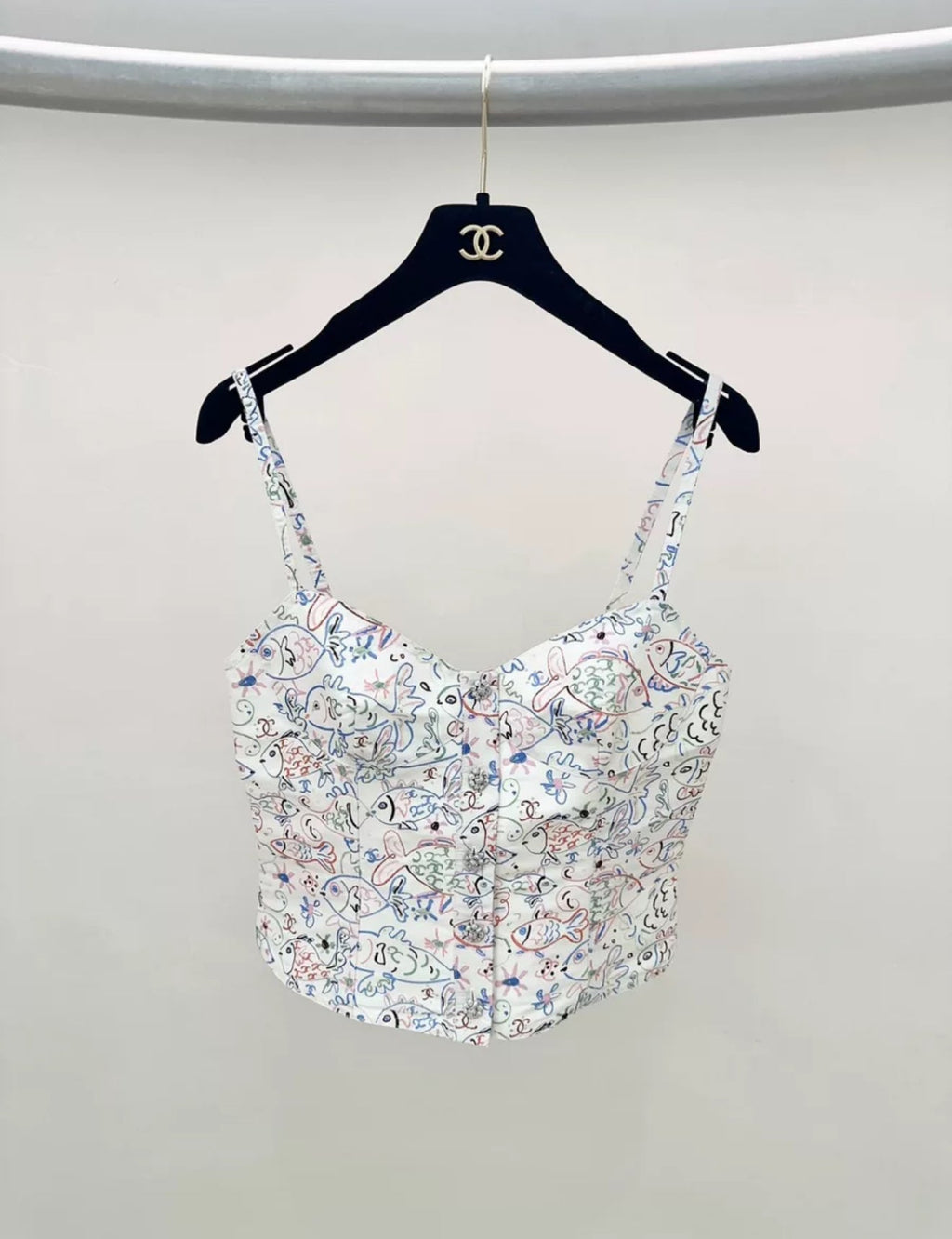 Chanel 25C TOP Printed Silk Faille Ecru & Multicolor