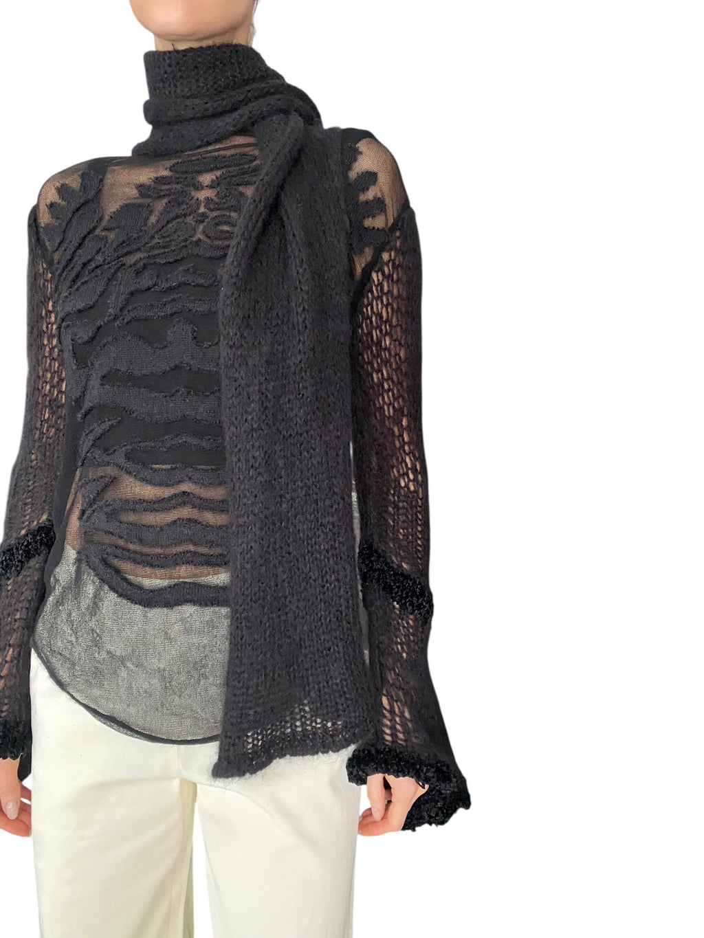 Jean Paul Gaultier Black Fine Knit Embroidered Turtleneck Sweater - XS / S