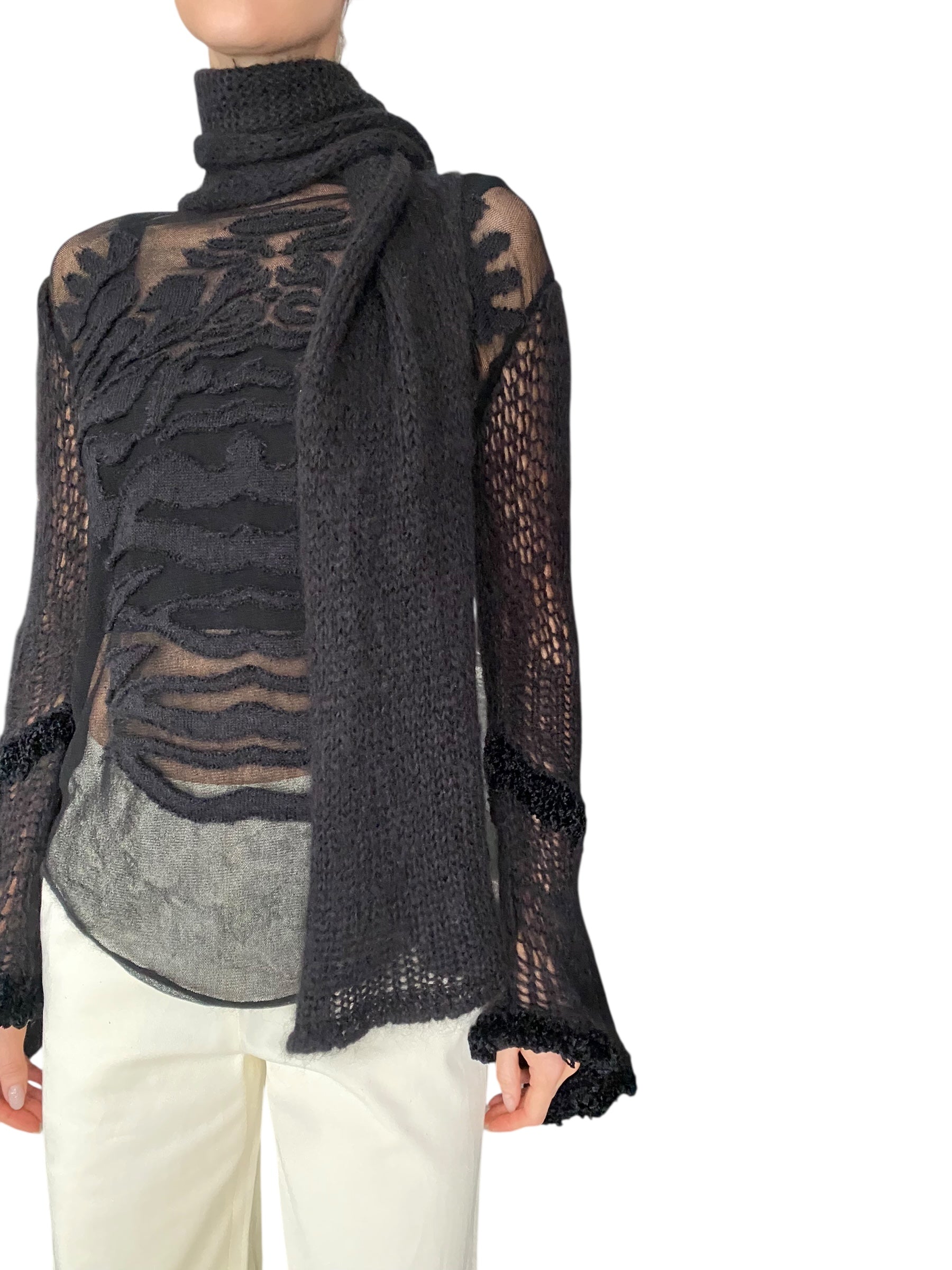Jean Paul Gaultier Black Fine Knit Embroidered Turtleneck Sweater - XS / S