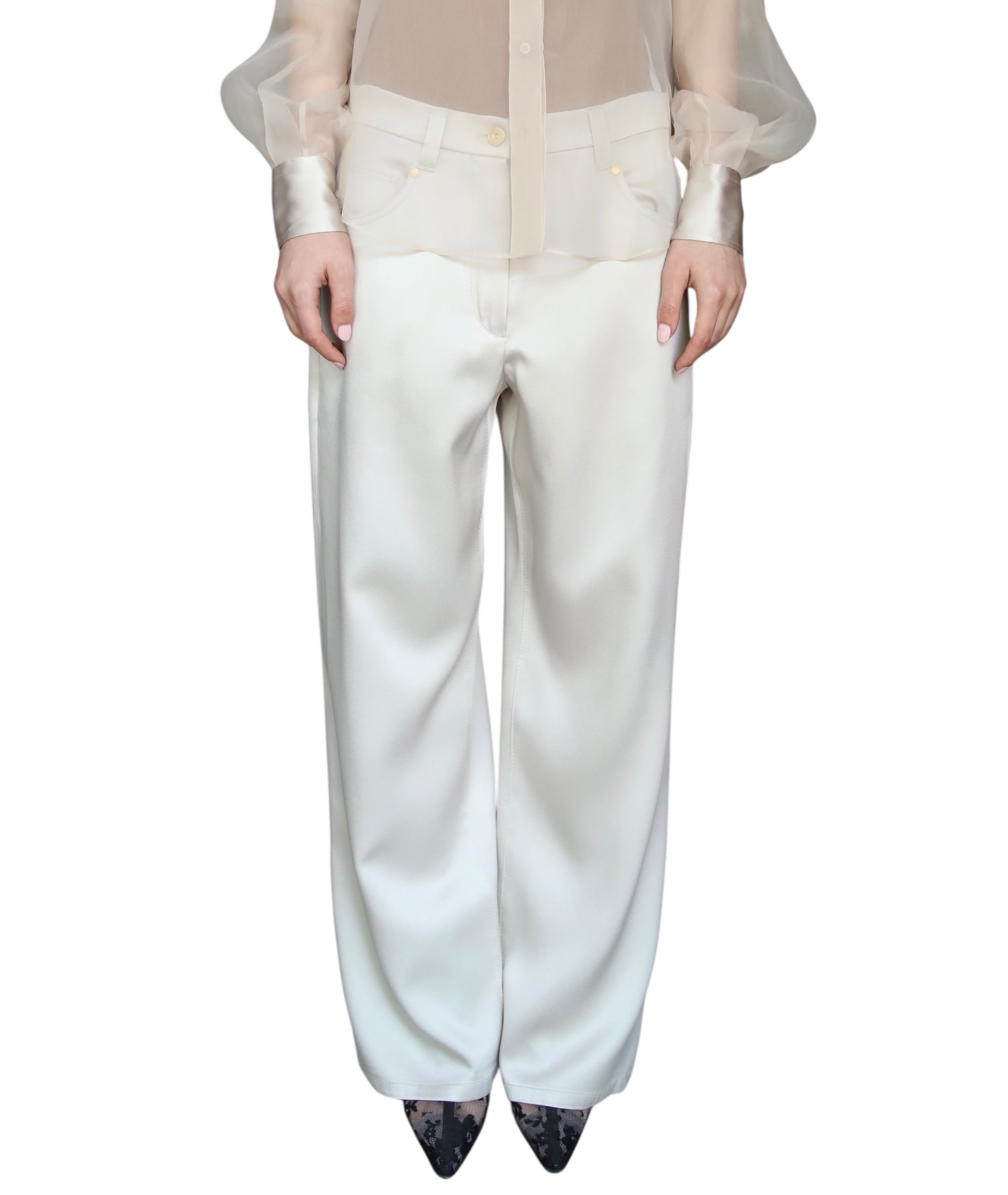 Brunello Cucinelli Ecru Satin Wide Leg Trousers - IT 42 / US 6